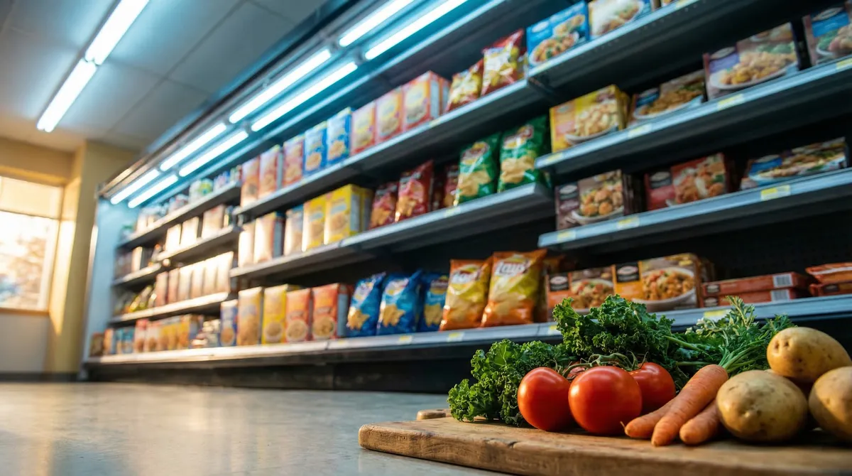Rayon de supermarché rempli de produits ultra-transformés sous éclairage industriel, contrastant avec des légumes frais posés sur une planche en bois au premier plan