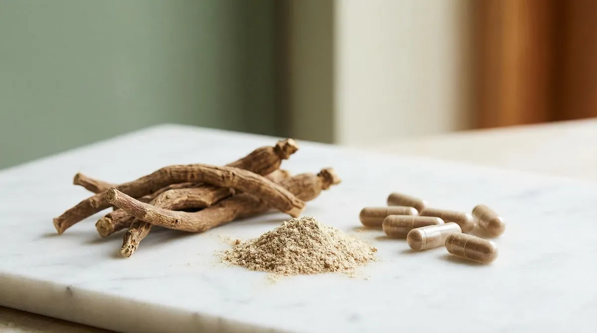 Racines et poudre d'ashwagandha avec gélules de complément alimentaire sur surface en marbre