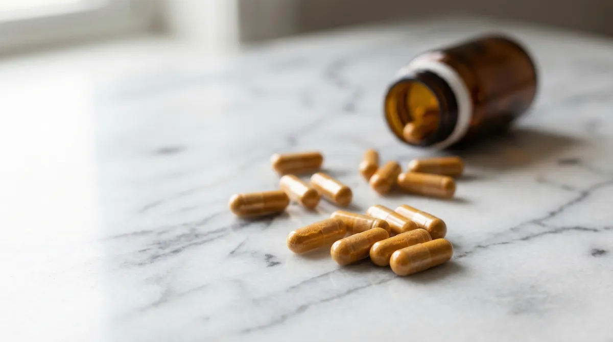 Gélules de berbérine ambrées éparpillées sur une surface en marbre blanc avec un flacon en verre renversé en arrière-plan