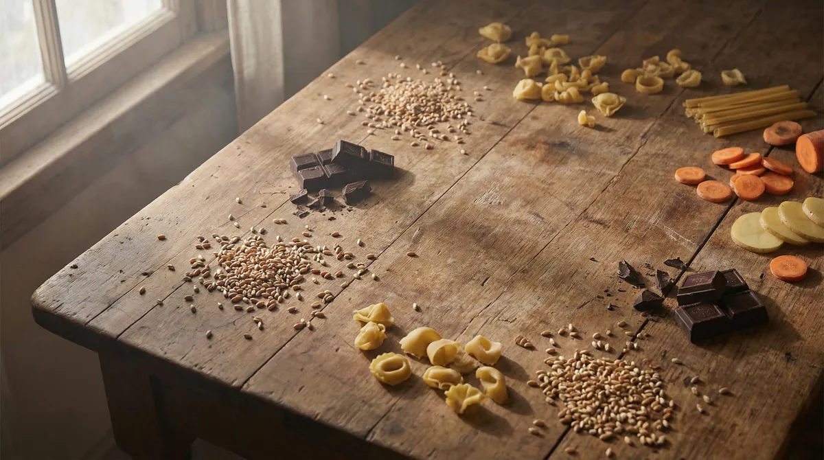 Grains de blé, morceaux de chocolat noir, pâtes et légumes-racines sur une table en bois, les aliments les plus contaminés au cadmium