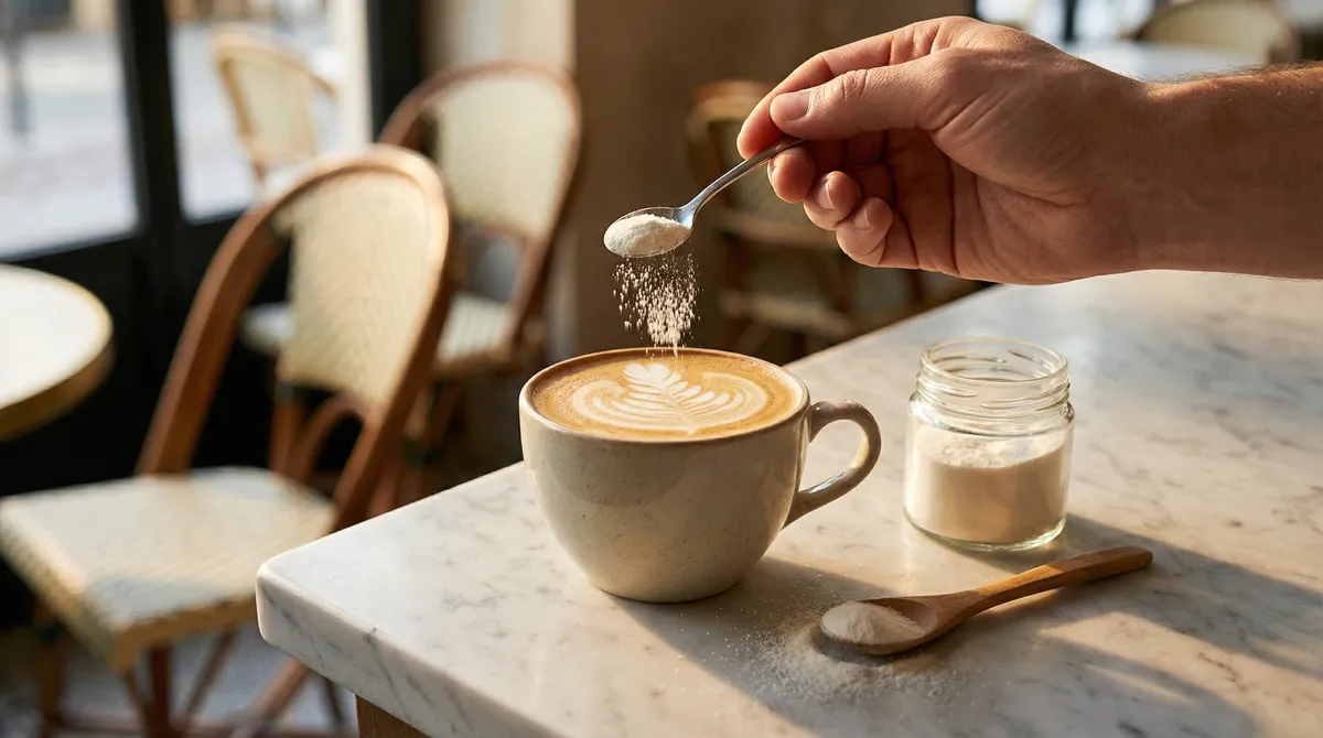 Tasse de café latte avec poudre de collagène sur un comptoir en marbre, lumière naturelle de café parisien