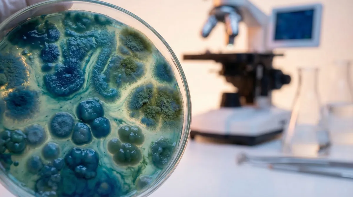 Colonies de bactéries intestinales en gros plan dans des tons bleus et verts sous éclairage de laboratoire