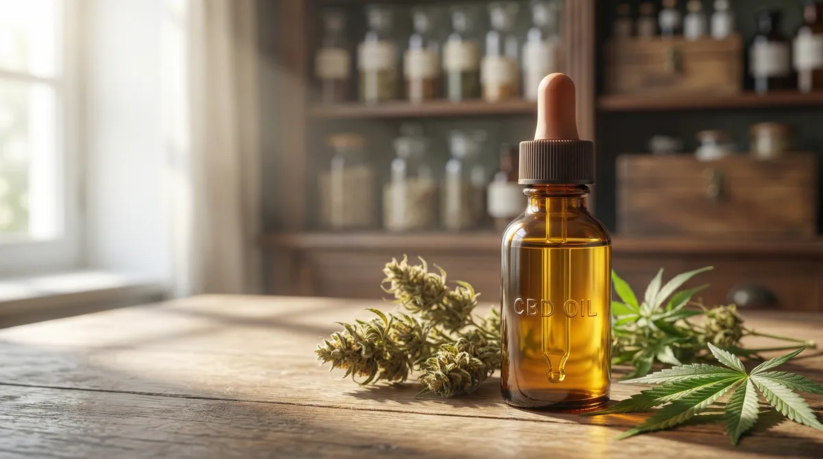 Flacon d'huile de CBD dorée avec compte-gouttes posé sur une surface en bois à côté de fleurs de chanvre séchées, éclairage naturel doux