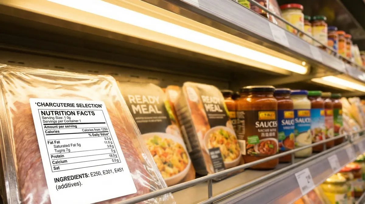 Gros plan sur des étiquettes alimentaires de produits transformés montrant des additifs conservateurs E250, E202, E224 dans un rayon de supermarché