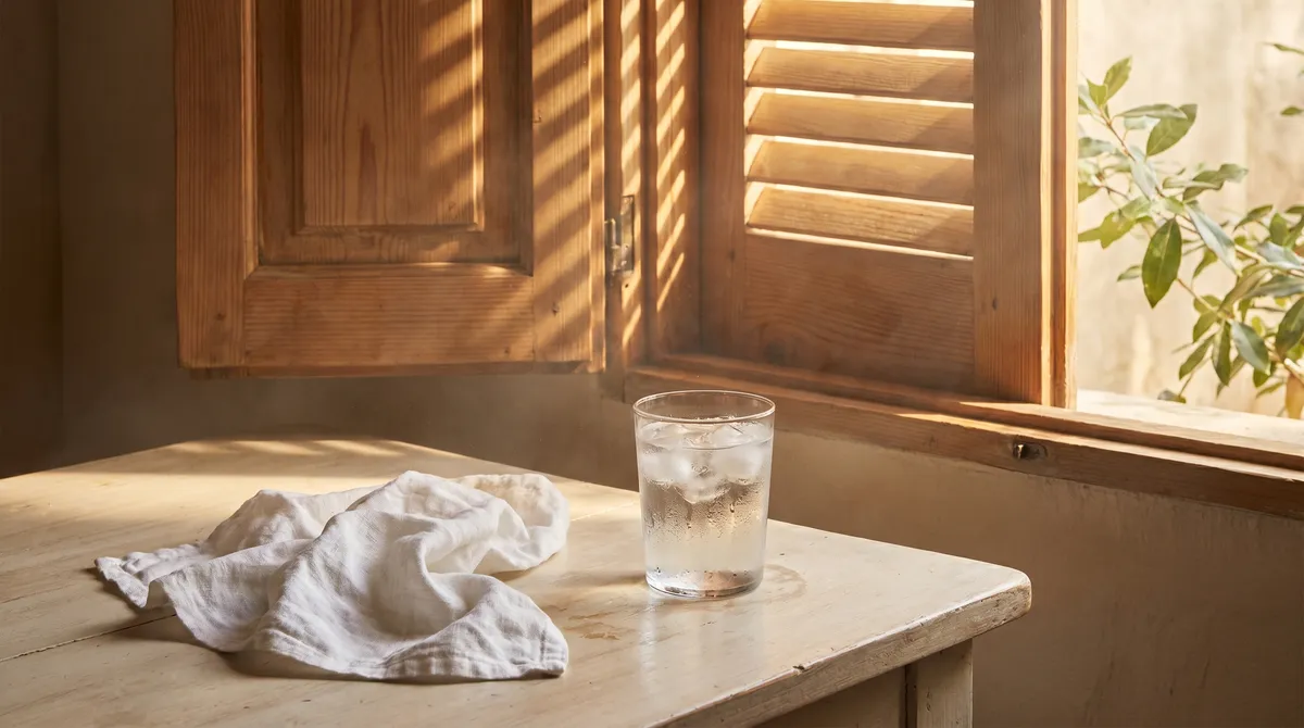 Verre d'eau glacée et linge humide sur une table en bois près d'un volet entrouvert, lumière chaude d'après-midi d'été