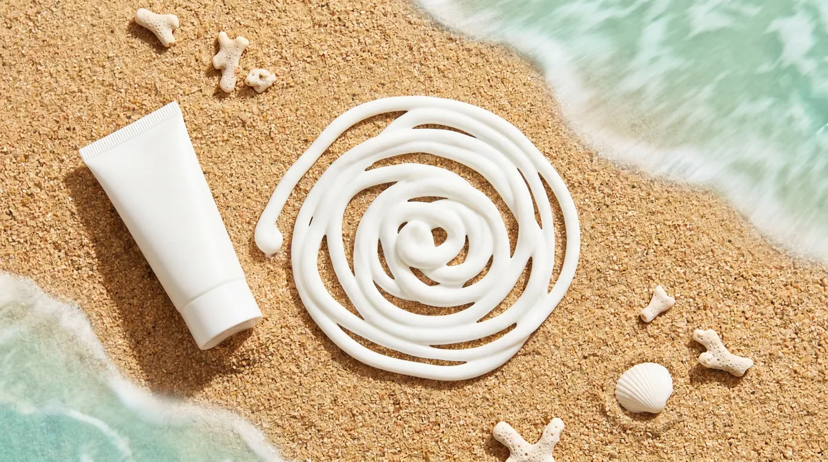 Crème solaire minérale blanche déposée sur du sable doré près d'un lagon turquoise, avec coquillage et fragments de corail