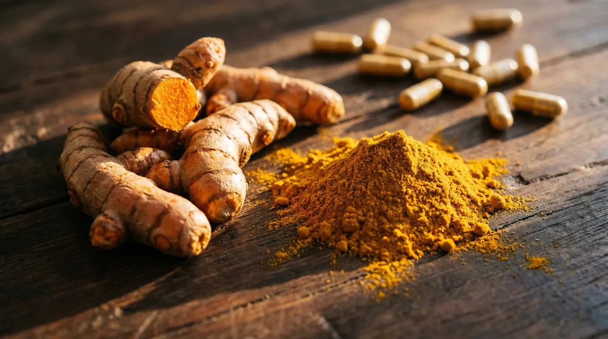 Racines de curcuma frais et poudre dorée sur surface en bois sombre avec gélules de compléments alimentaires en arrière-plan