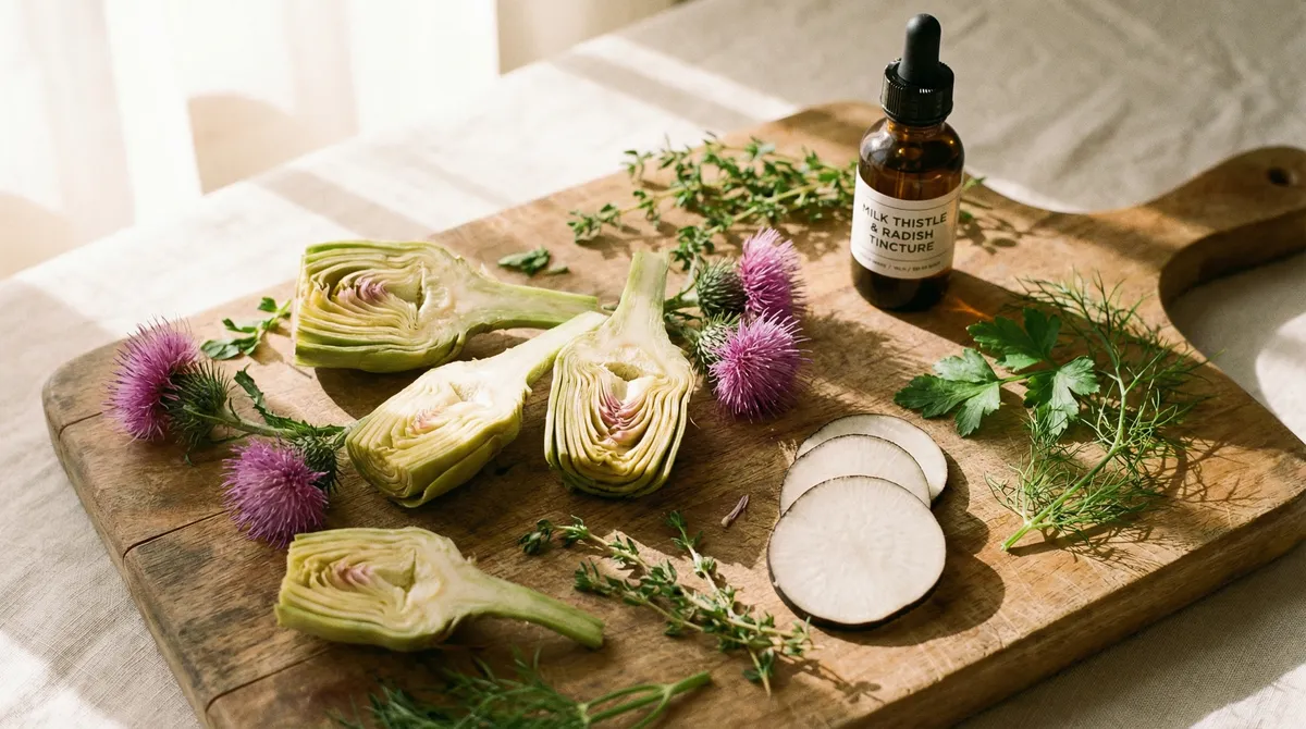 Cœurs d'artichaut, fleurs de chardon-Marie et tranches de radis noir disposés sur une planche en bois rustique, éclairés par une lumière naturelle du matin
