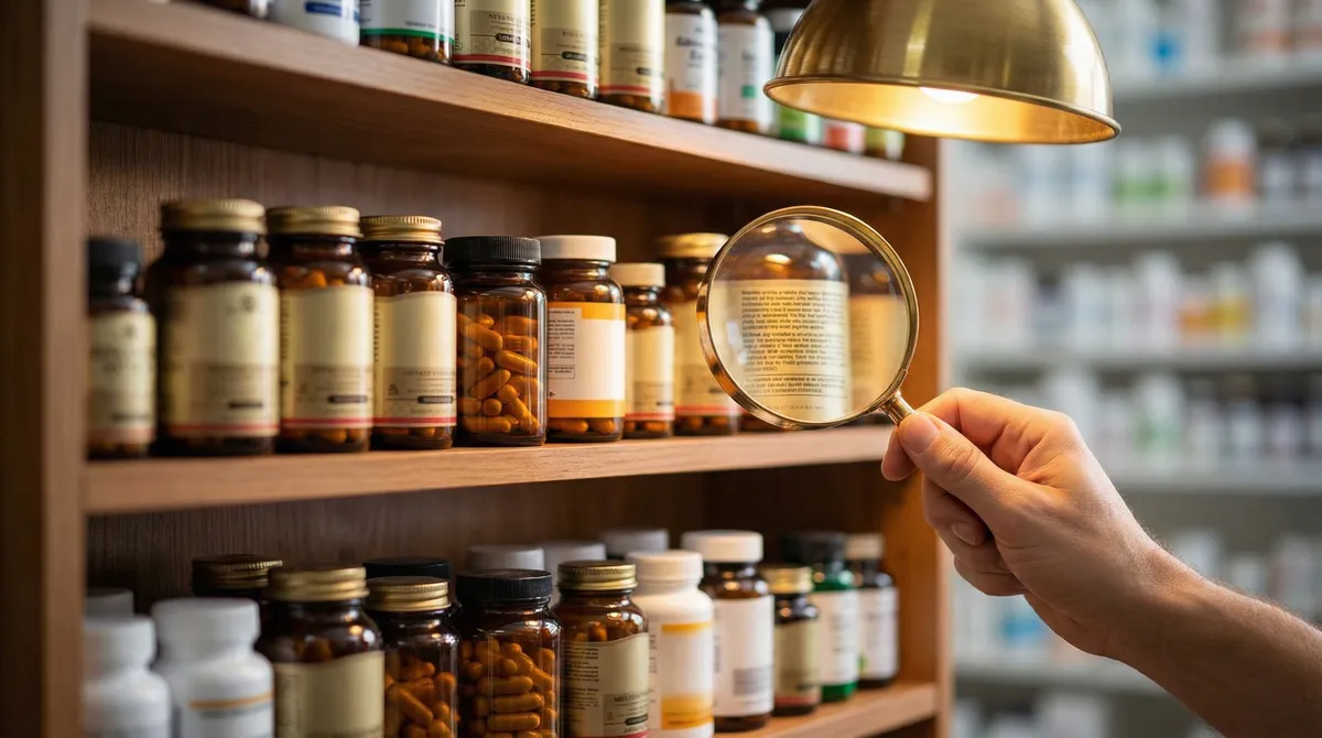Rayonnage de pharmacie avec flacons de compléments alimentaires et une loupe sur une étiquette