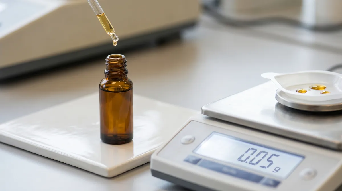 Flacon ambré d'huile de CBD avec pipette compte-gouttes au-dessus d'une balance de précision de laboratoire