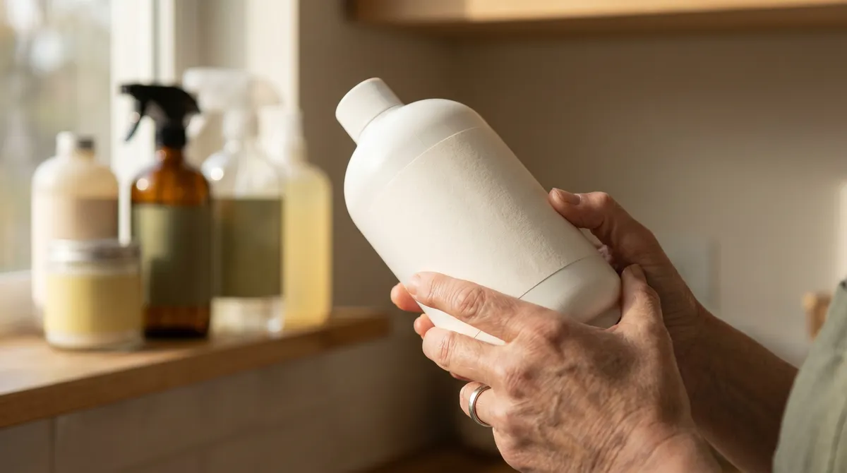 Gros plan sur des mains examinant l'étiquette au dos d'un flacon de détergent ménager dans une buanderie lumineuse