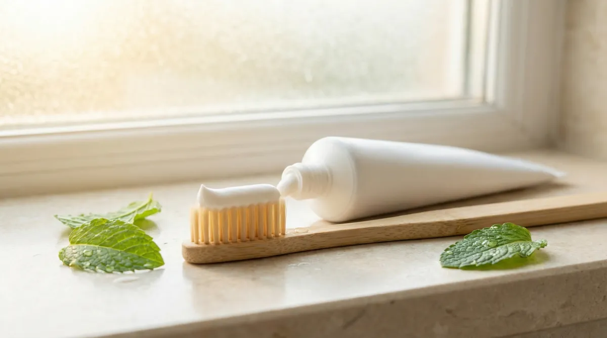Tube de dentifrice pressé sur une brosse à dents en bambou, posé sur un comptoir de salle de bain baigné de lumière naturelle