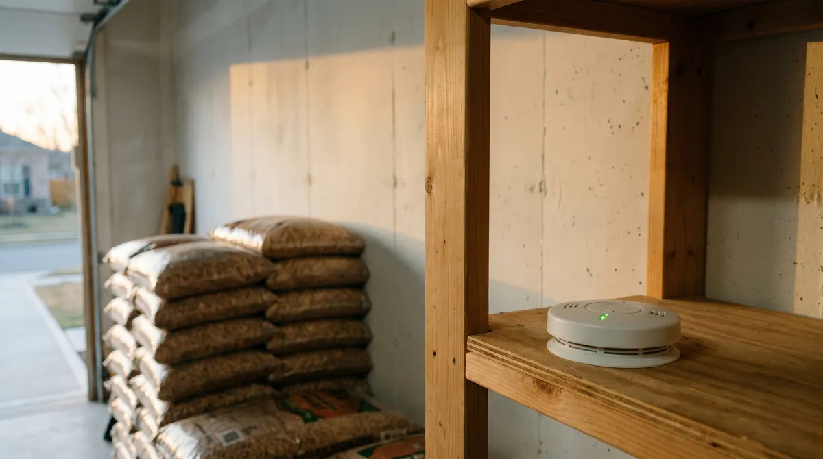 Sacs de granulés de bois empilés dans un garage ventilé avec un détecteur de monoxyde de carbone en premier plan