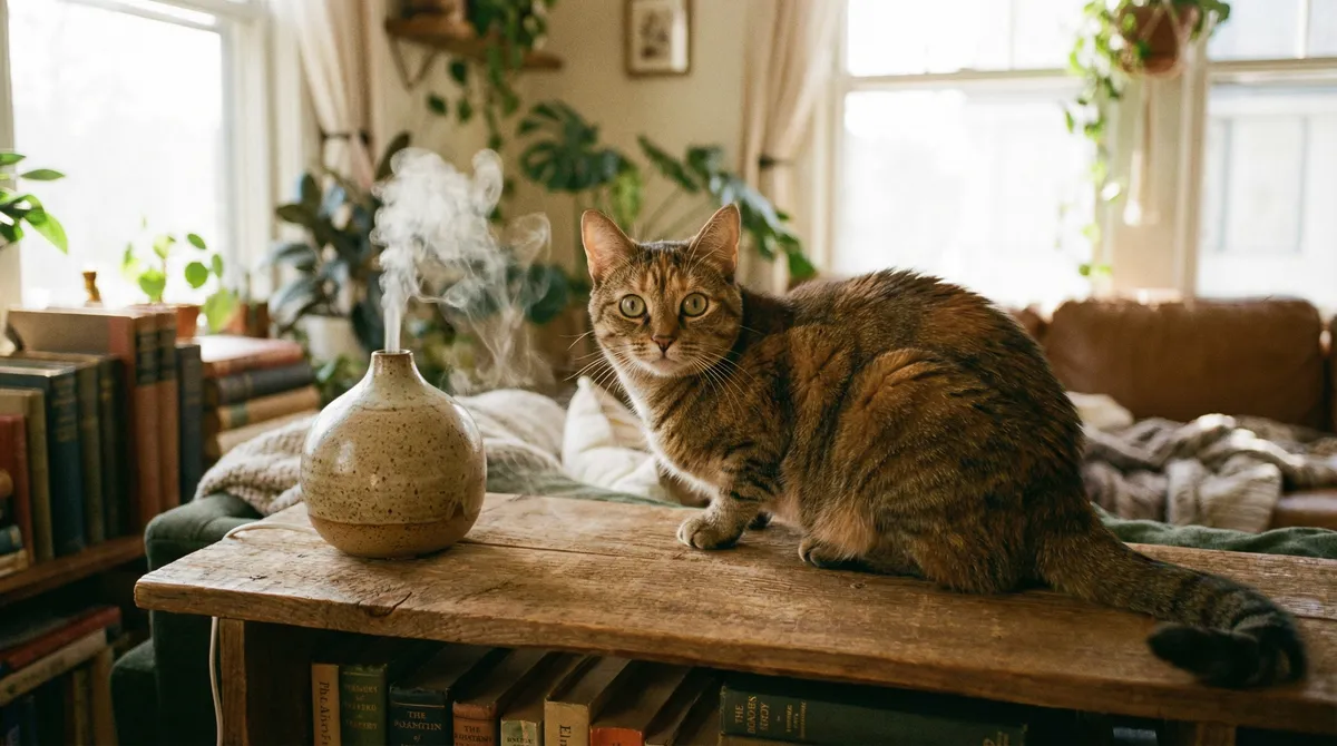 Chat tigré assis à côté d'un diffuseur d'huiles essentielles en céramique dans un salon lumineux