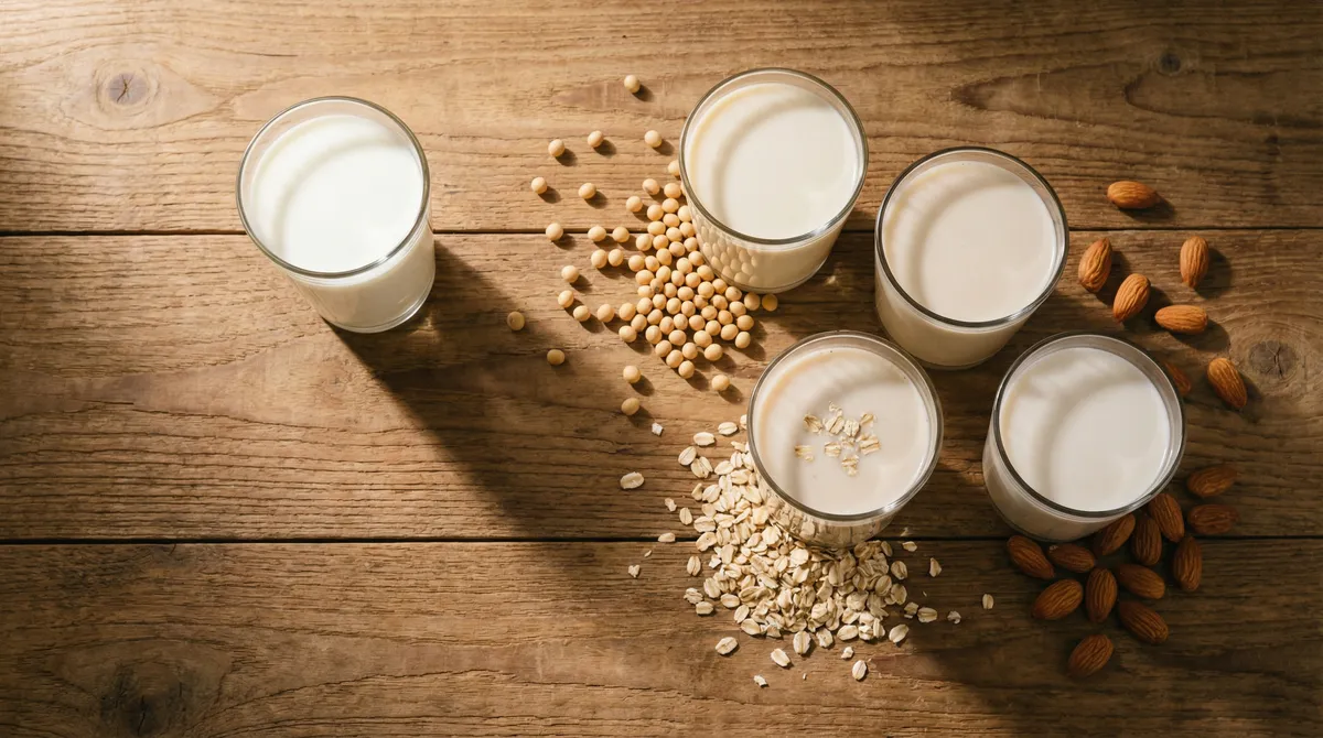 Quatre verres de laits différents — vache, soja, avoine et amande — alignés sur une table en bois avec leurs ingrédients bruts, éclairés par une lumière matinale douce
