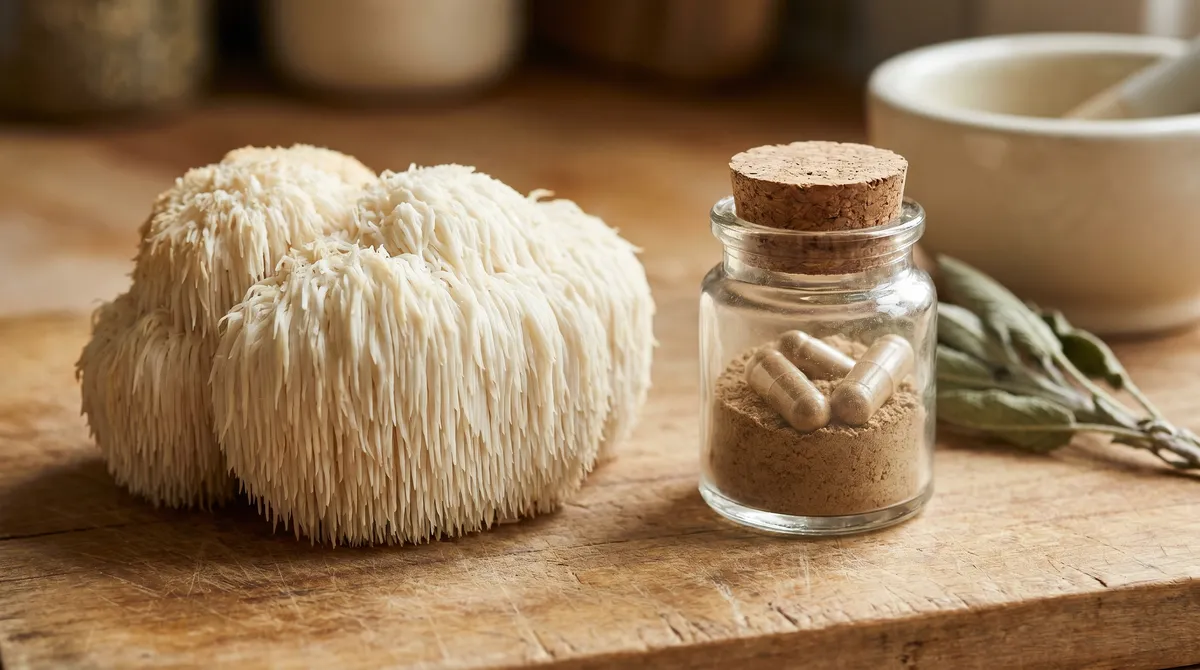 Champignon lion's mane (Hericium erinaceus) frais avec ses crins blancs cascadants posé sur une planche en bois aux côtés d'un bocal de poudre et de quelques gélules