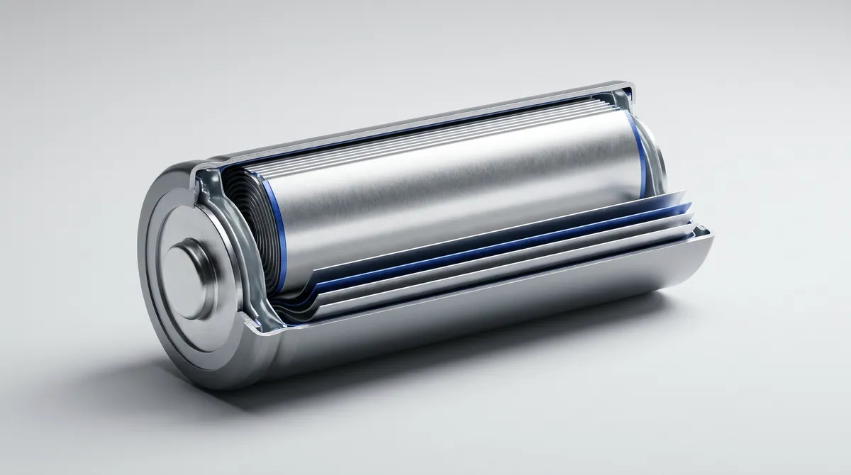 Batterie lithium-ion ouverte vue en macro, composants métalliques argentés sur fond gris clair minimaliste