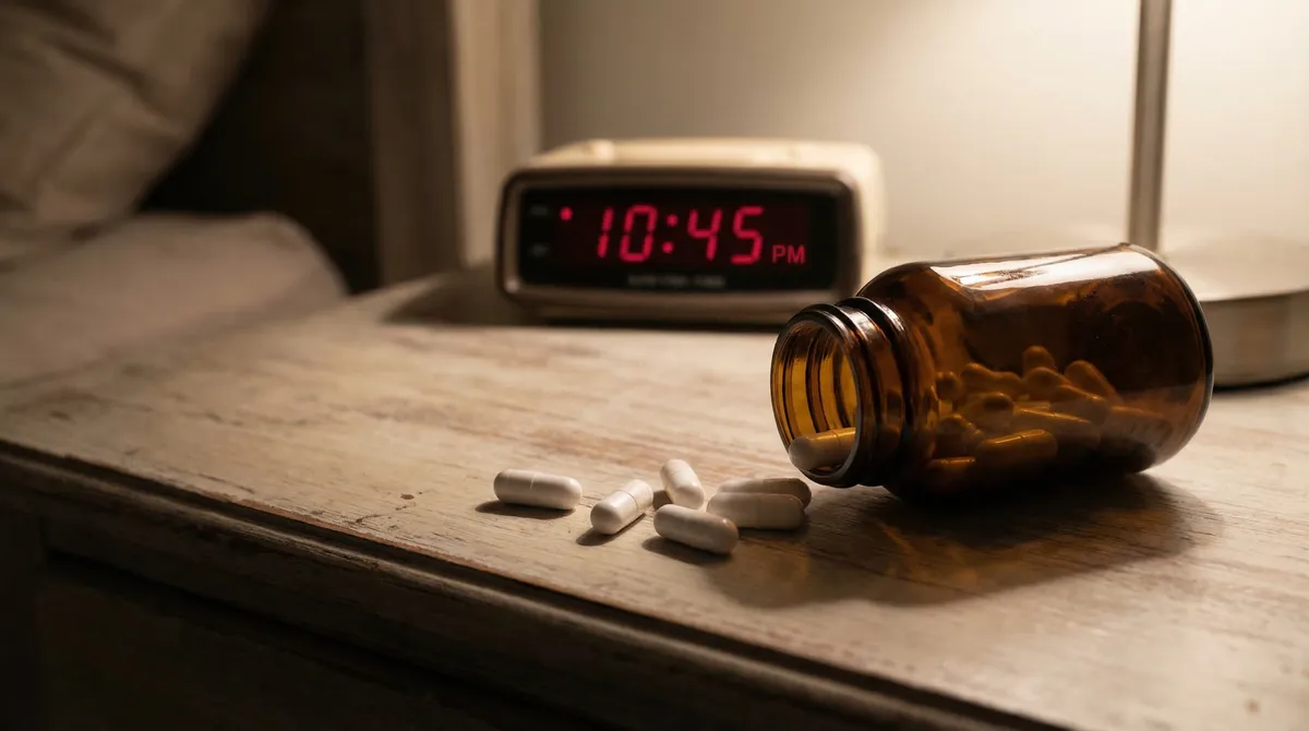 Gélules de mélatonine renversées sur une table de nuit en bois, éclairées par une lumière tamisée de lampe de chevet