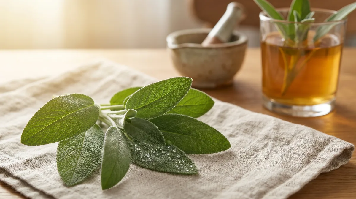Feuilles de sauge officinale fraîches sur un linge de lin, mortier et infusion en arrière-plan dans une lumière douce du matin