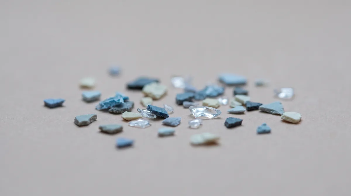 Fragments de microplastiques colorés en gros plan, photographie scientifique éditoriale