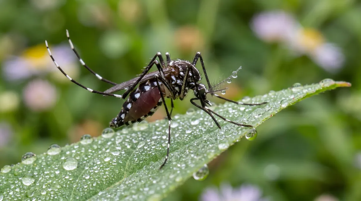 Gros plan macro d'un moustique tigre (Aedes albopictus) posé sur une feuille verte, ses pattes rayées noir et blanc bien visibles