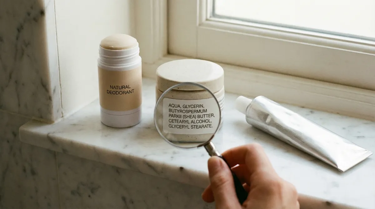 Produits cosmétiques (déodorant, crème, dentifrice) avec une loupe sur l'étiquette d'ingrédients, lumière naturelle douce