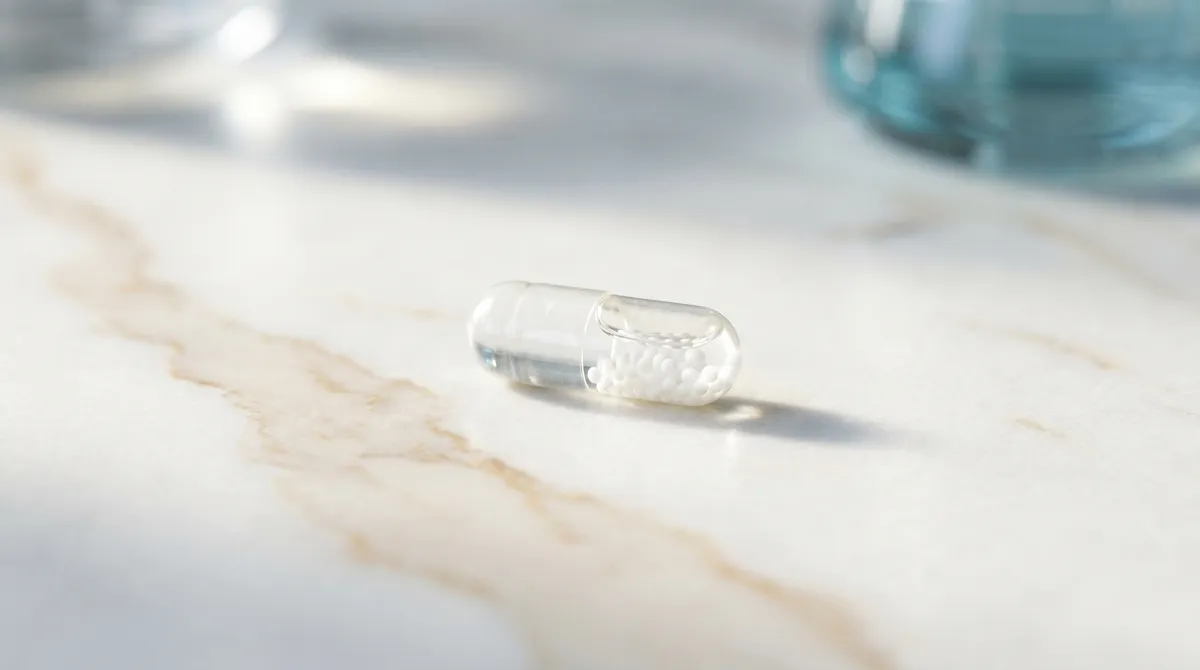 Capsule transparente de complément alimentaire NMN sur une surface en marbre blanc, lumière naturelle douce, ambiance scientifique minimaliste