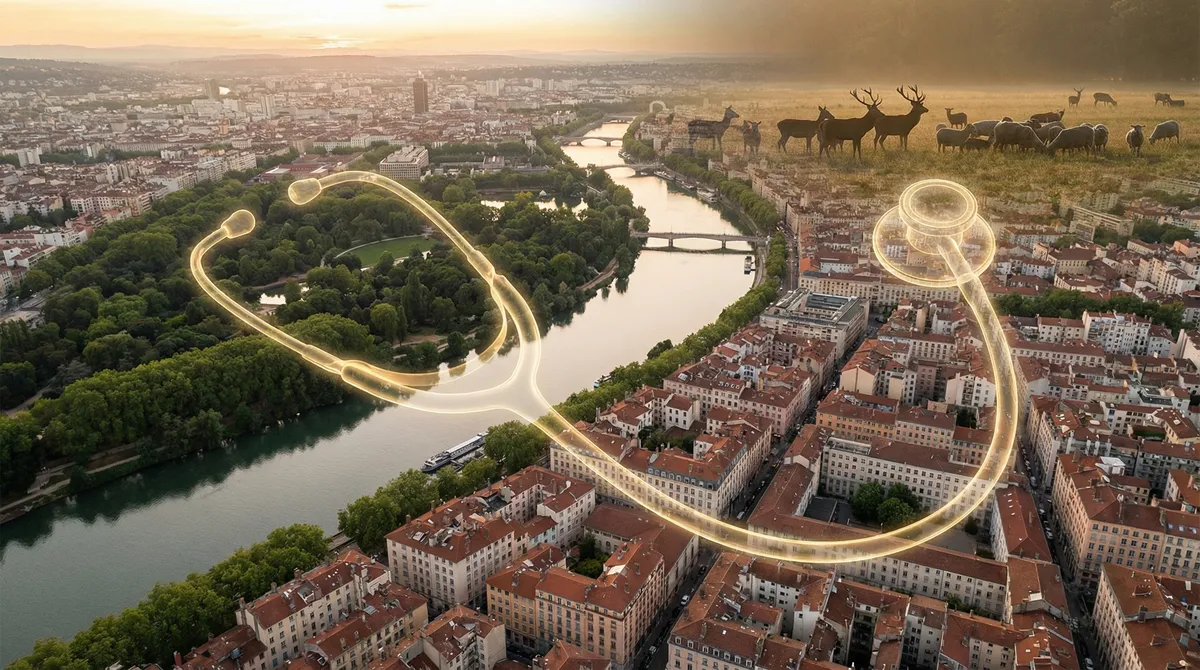 Vue aérienne de Lyon au coucher du soleil avec le Rhône et le Parc de la Tête d'Or, symbolisant le lien entre santé humaine, animale et environnementale