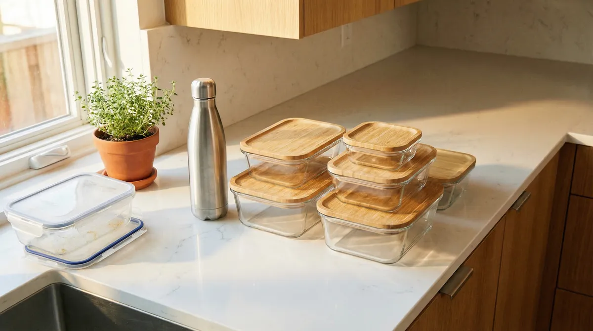 Contenants en verre et bouteille en inox sur un plan de travail de cuisine moderne, remplaçant des contenants en plastique