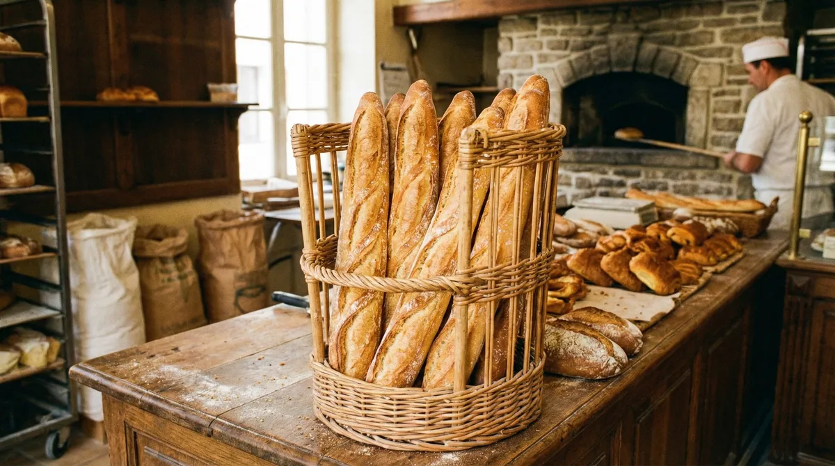 Baguettes dorées dans un panier en osier sur le comptoir d'une boulangerie traditionnelle