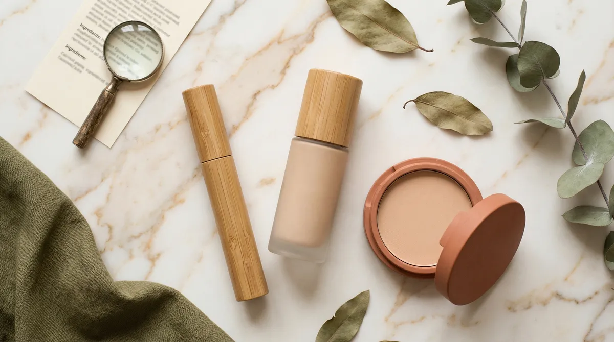 Flat lay de produits cosmétiques naturels sur une surface en marbre avec une loupe posée sur une étiquette d'ingrédients