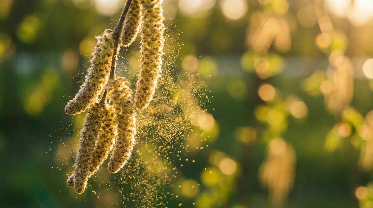 Chatons de bouleau libérant des grains de pollen doré dans la lumière printanière