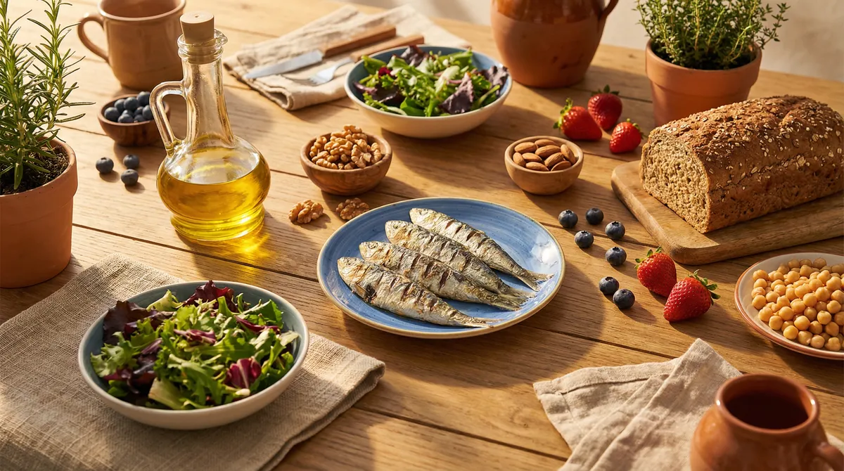 Table méditerranéenne vue du dessus avec huile d'olive, sardines, légumes verts, noix, baies et pain complet sur table en bois rustique