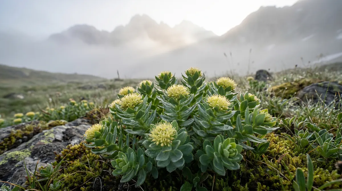 Rhodiola rosea en fleur sur un versant alpin dans la lumière dorée du matin