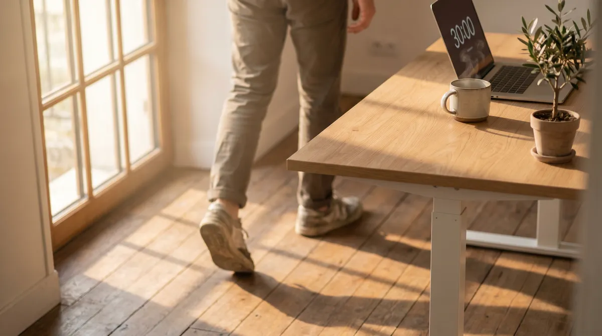 Personne marchant à côté d'un bureau debout dans un home office baigné de lumière naturelle, illustrant la règle des 5 minutes toutes les 30 minutes