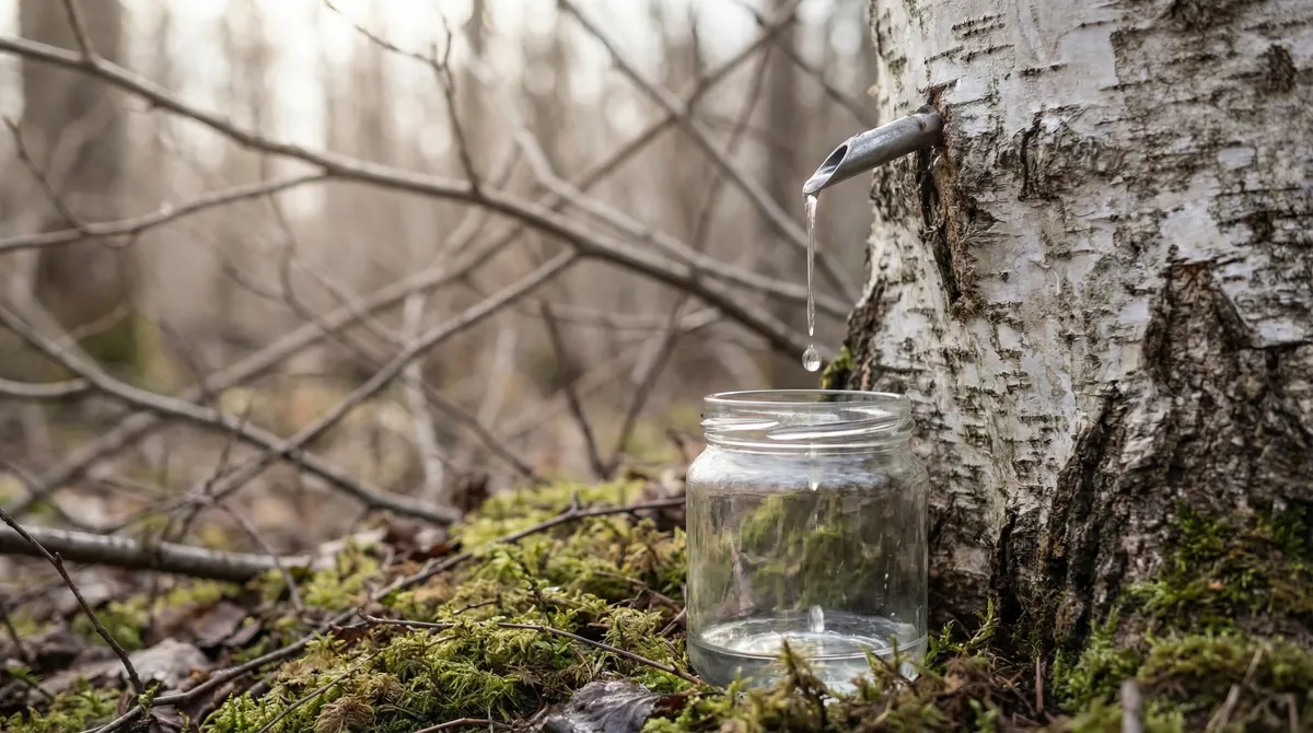 Sève de bouleau fraîche s'écoulant d'un robinet inséré dans un tronc de bouleau blanc dans une forêt nordique au printemps