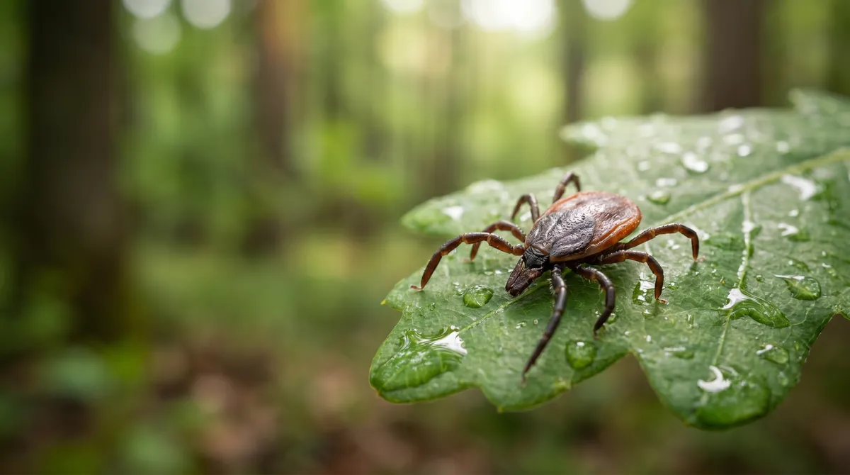 Tique Ixodes ricinus posée sur une feuille verte en sous-bois au printemps, vue macro