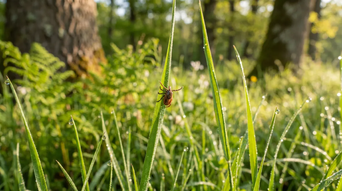 Tique sur une herbe haute d'une prairie française au printemps, lumière dorée du matin