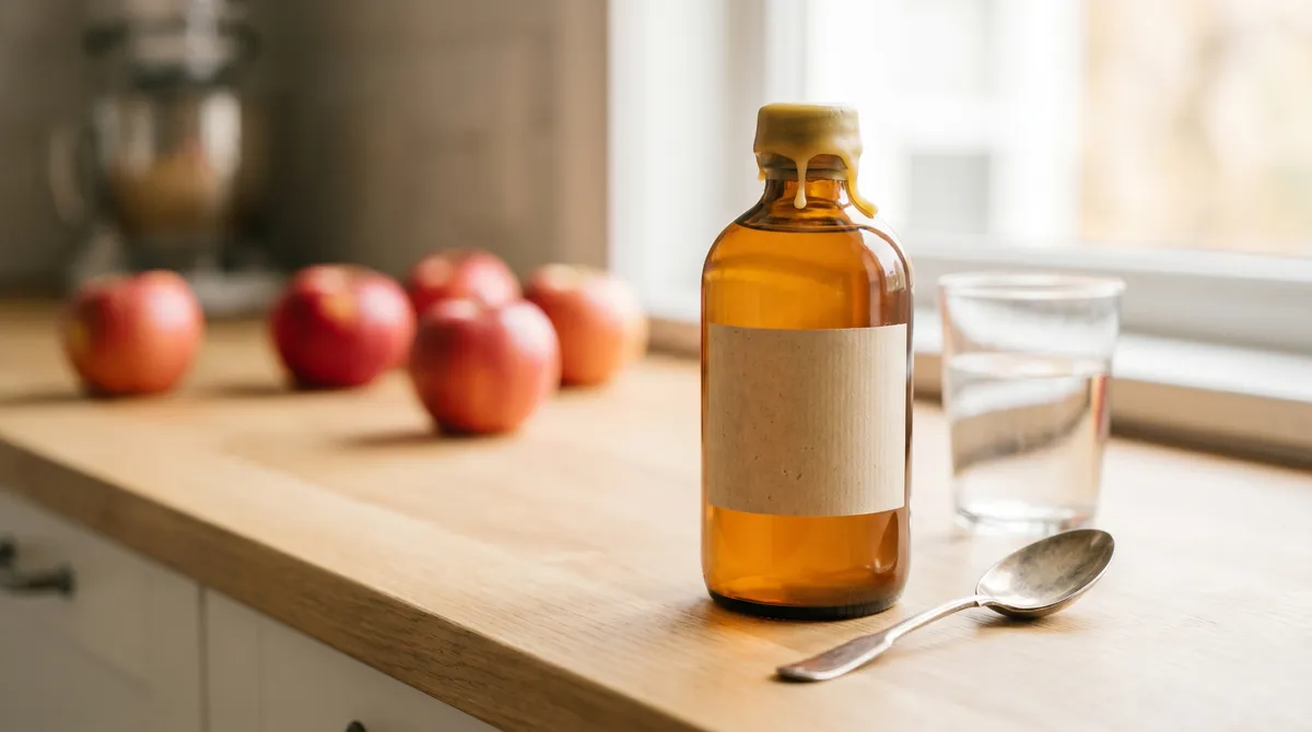Bouteille de vinaigre de cidre artisanal en verre ambré sur un plan de travail en bois clair, accompagnée d'une cuillère, d'un verre d'eau et de pommes fraîches.