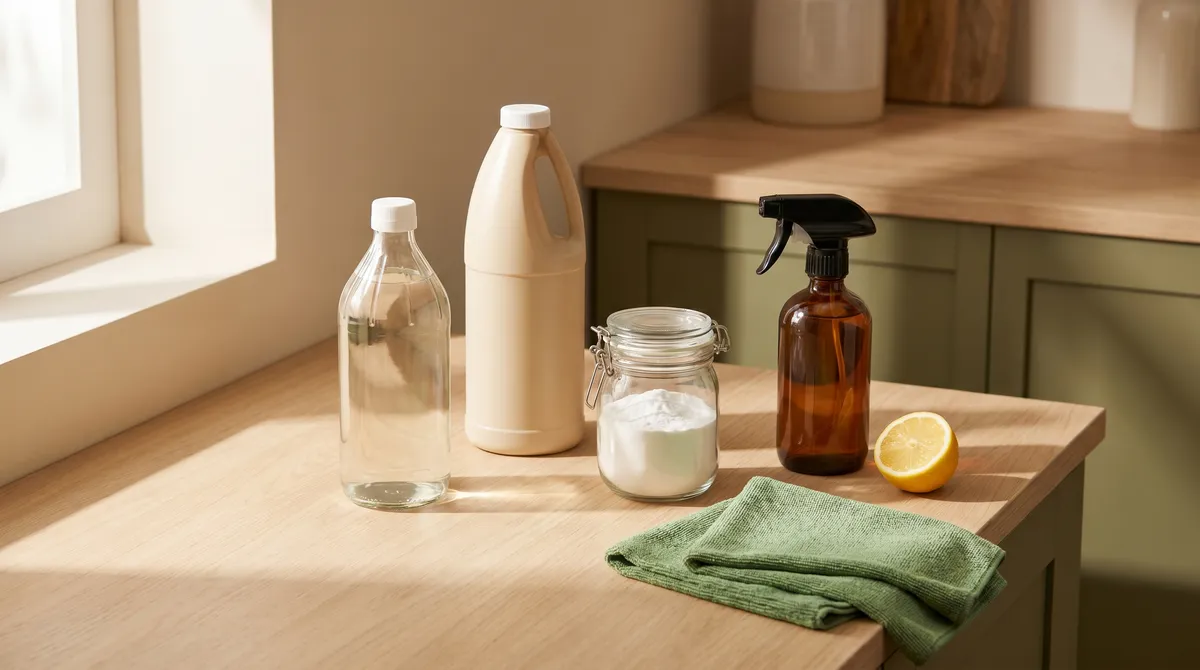 Produits de ménage naturels disposés sur un plan de travail en bois : vinaigre blanc, eau de Javel, bicarbonate, spray et citron, lumière douce de cuisine