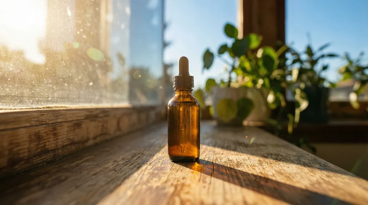 Flacon de vitamine D en gouttes posé sur un rebord de fenêtre baigné de lumière dorée matinale